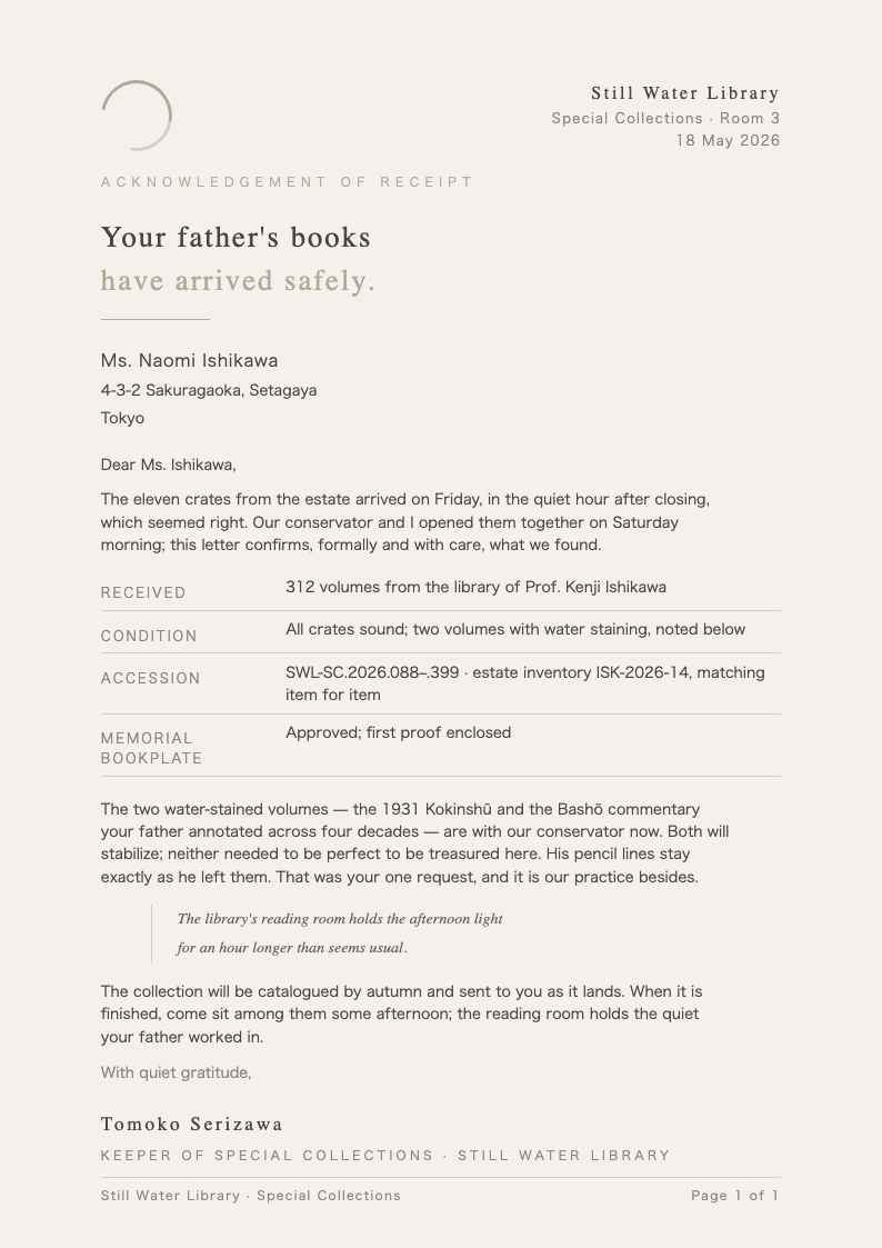 Wabi sabi quiet acknowledgement letter